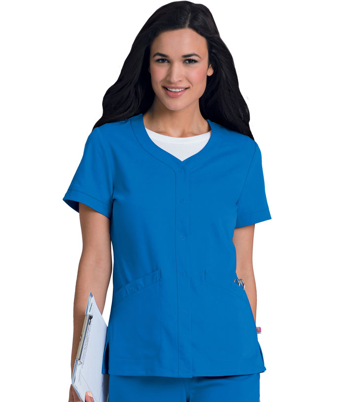 Urbane Scrubs Banded sleeve-hem is accented with a nonfunctional snap tab